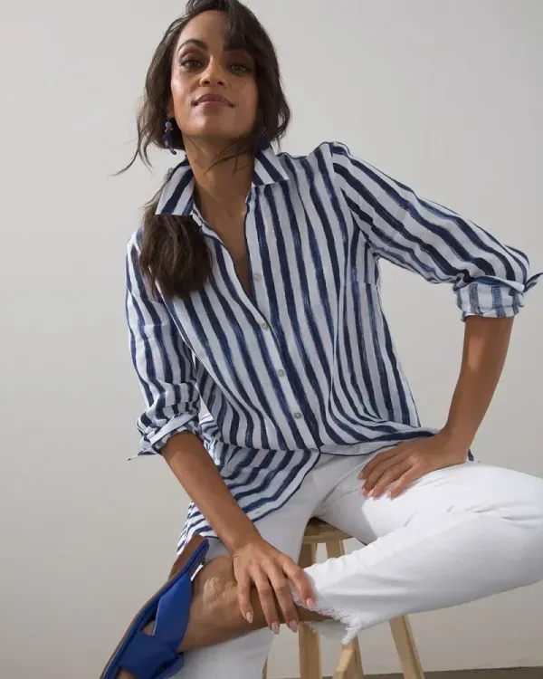 No-Iron Linen Stripe Tunic Classic Navy