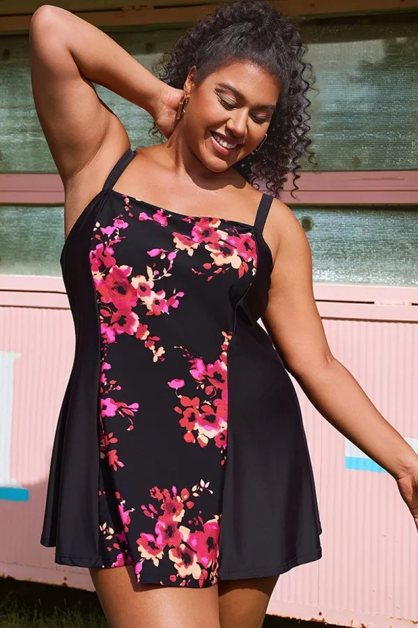 Floral Print Adjustable Wide Strap Swimdress