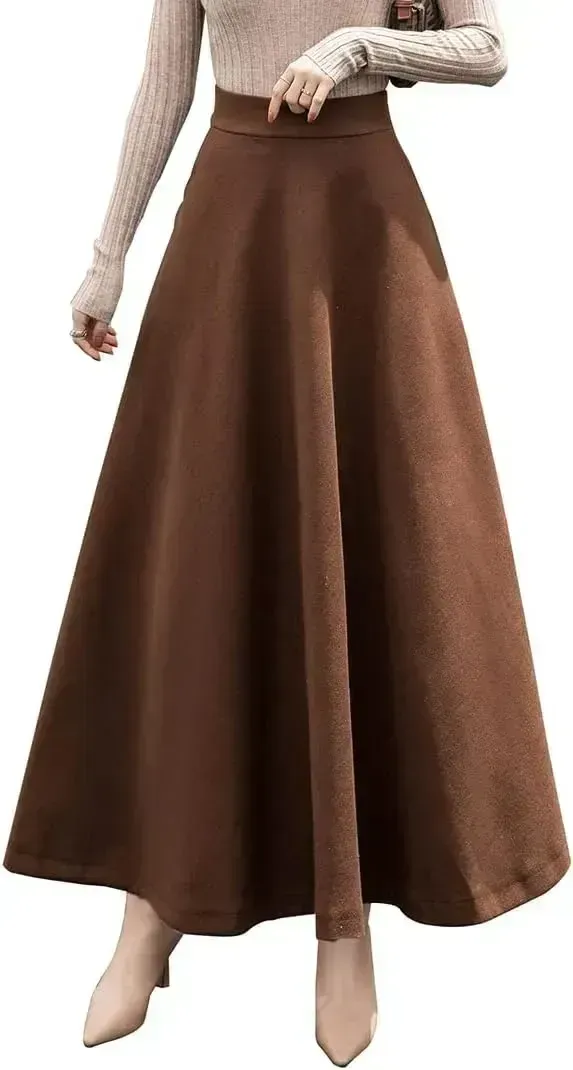 Women's Winter Elegant Warm Long Skirt Wool Maxi Skirts Elastic Waist A-Line High Waist Plaid Pleated Skirt S-3XL