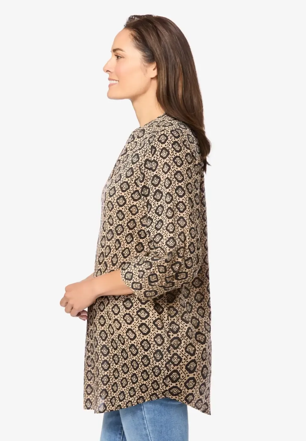 Rayon 7-Day Three-Quarter Sleeve Tab-Front Tunic