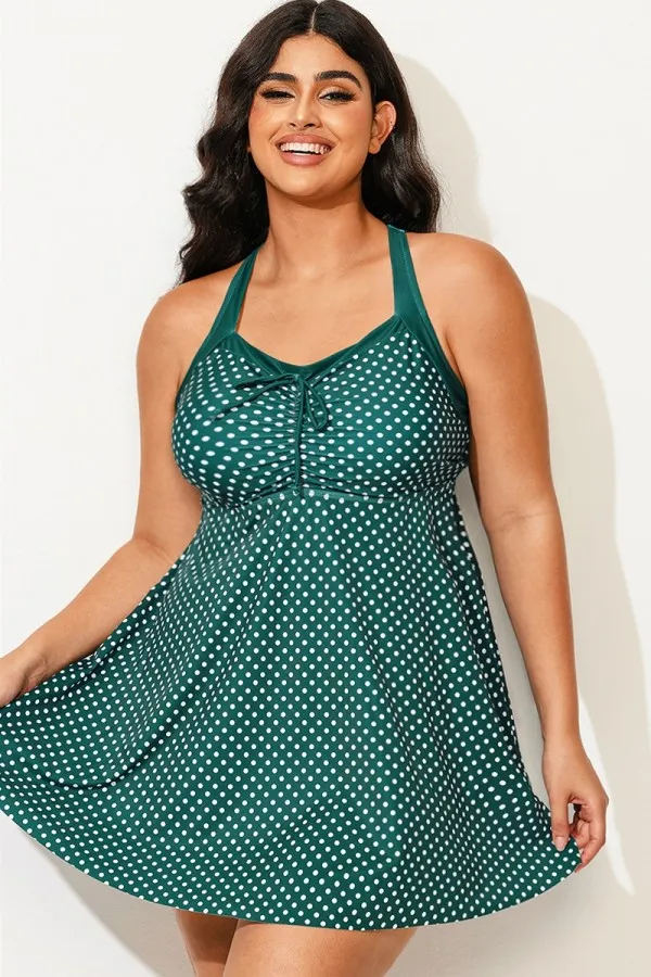 Plus Size Polka Dot Bowknot Detail Ruched Swim Dress