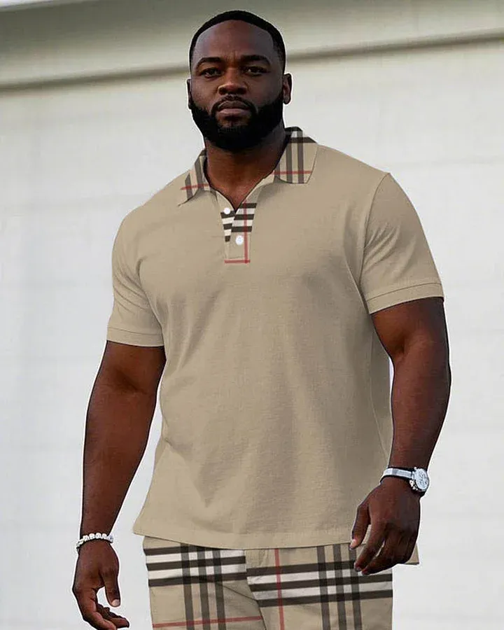 Daily Leisure Holiday Big Brand Plaid Collar Stitching Short Sleeve POLO Shorts Suit Men'S Plus Size