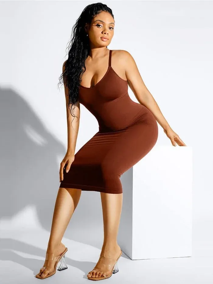 Seamless Spaghetti Strap V Neck Maxi Dress with Built-in Bodycon