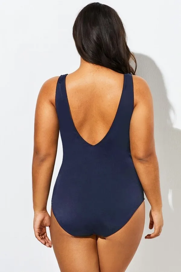 Black V-Neck Streak Modern One Piece Swimsuit