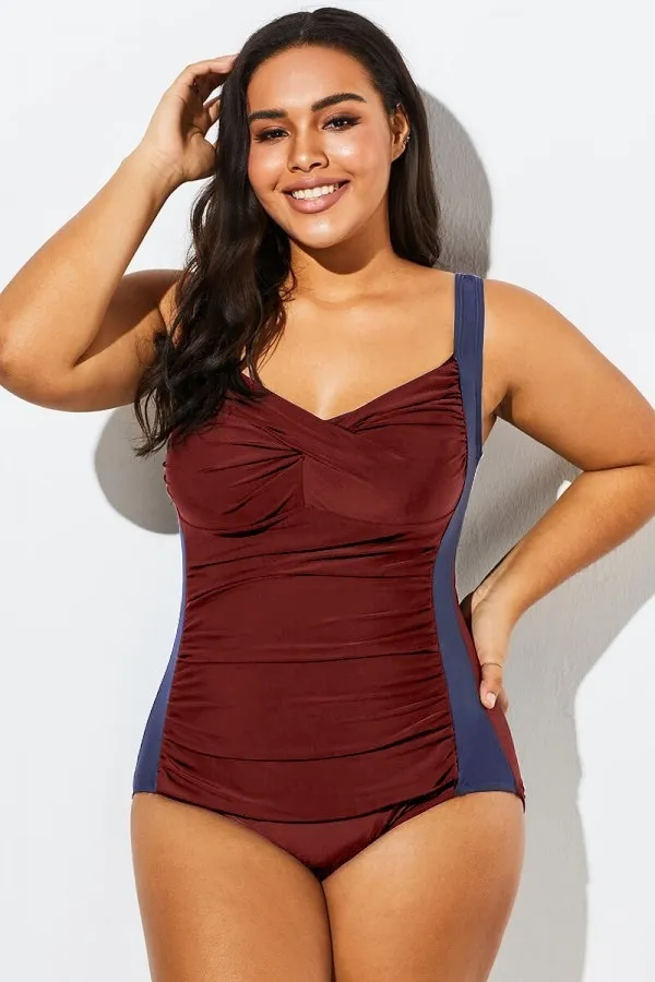 Purple Textured Twist Front One Piece Swimsuit