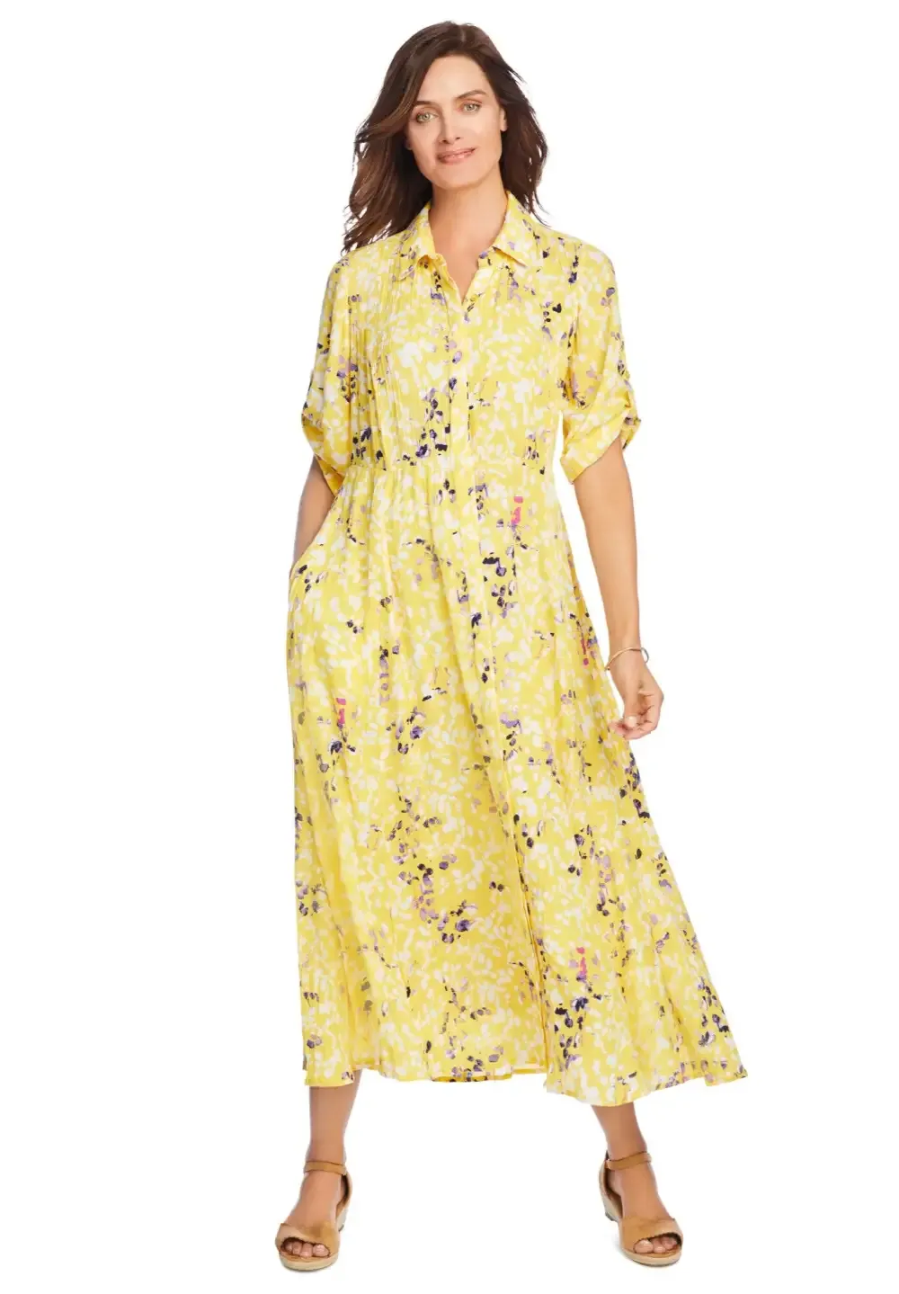 Roll-Tab Sleeve Crinkle Shirtdress