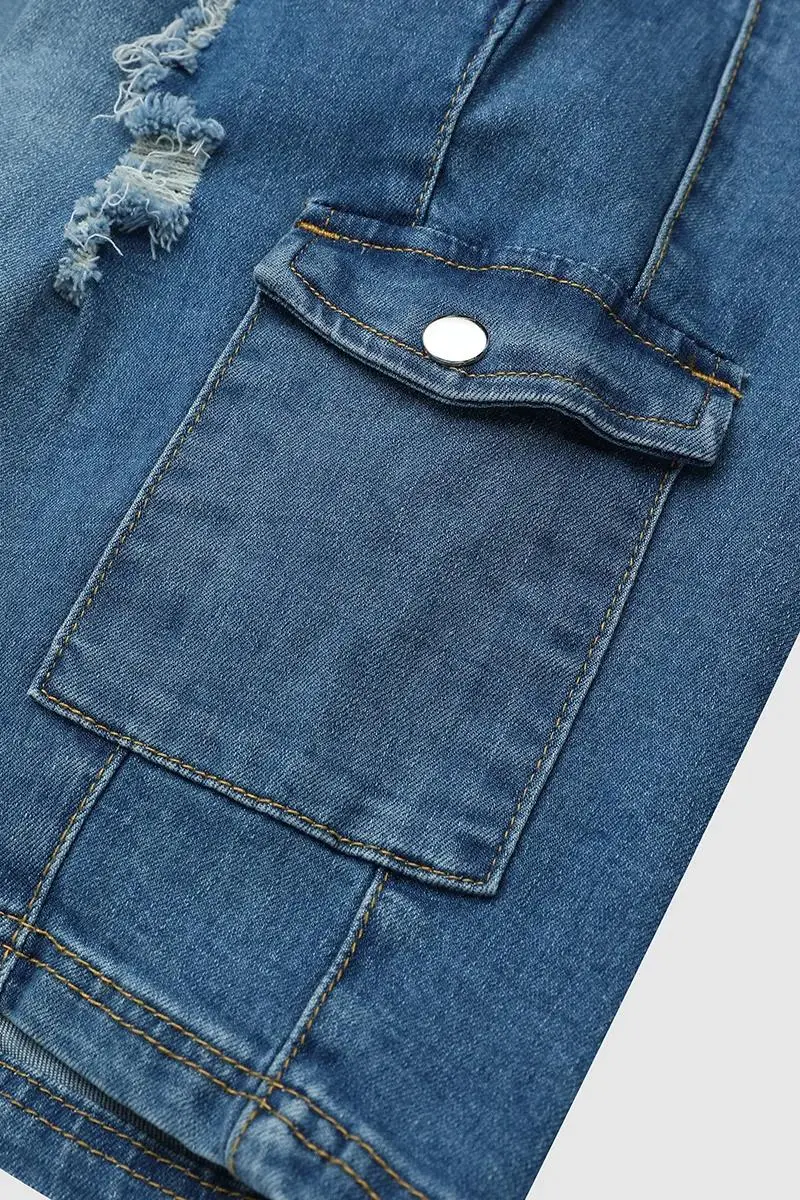 Ripped Flap Pocket Elastic High Waist Denim Bermuda Shorts