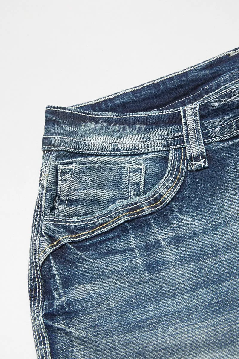 Wash Stretchy Ripped Detail Mid Waist Flare Jeans