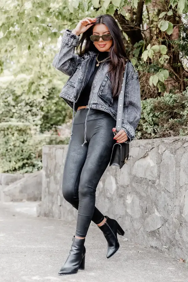 It's Your Choice Black Acid Washed Cropped Denim Jacket