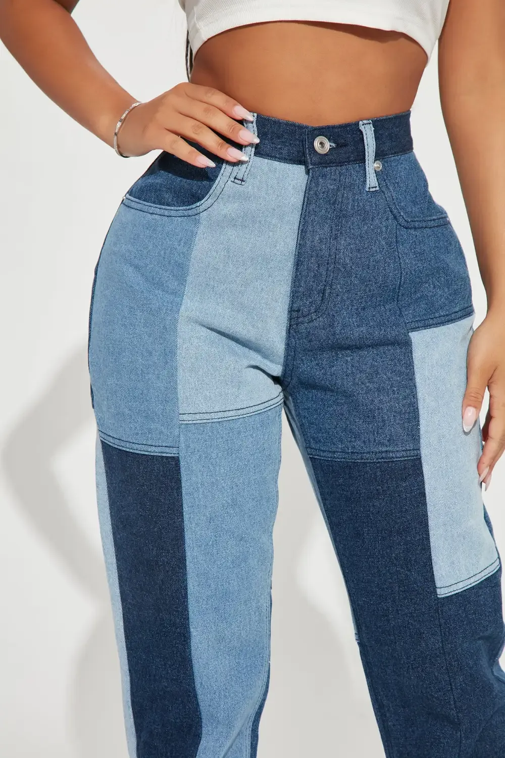 Hey Girl Patchwork Straight Leg Jeans - Blue Wash