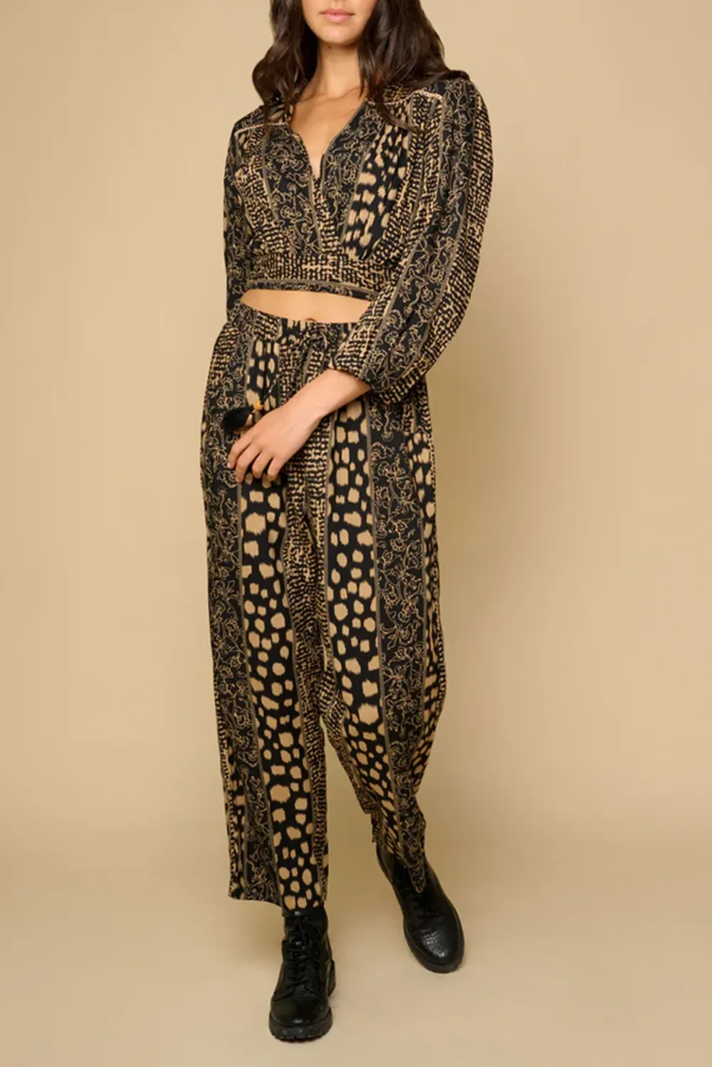 Brown And Black Geometric Print Crop Top And Pants Set