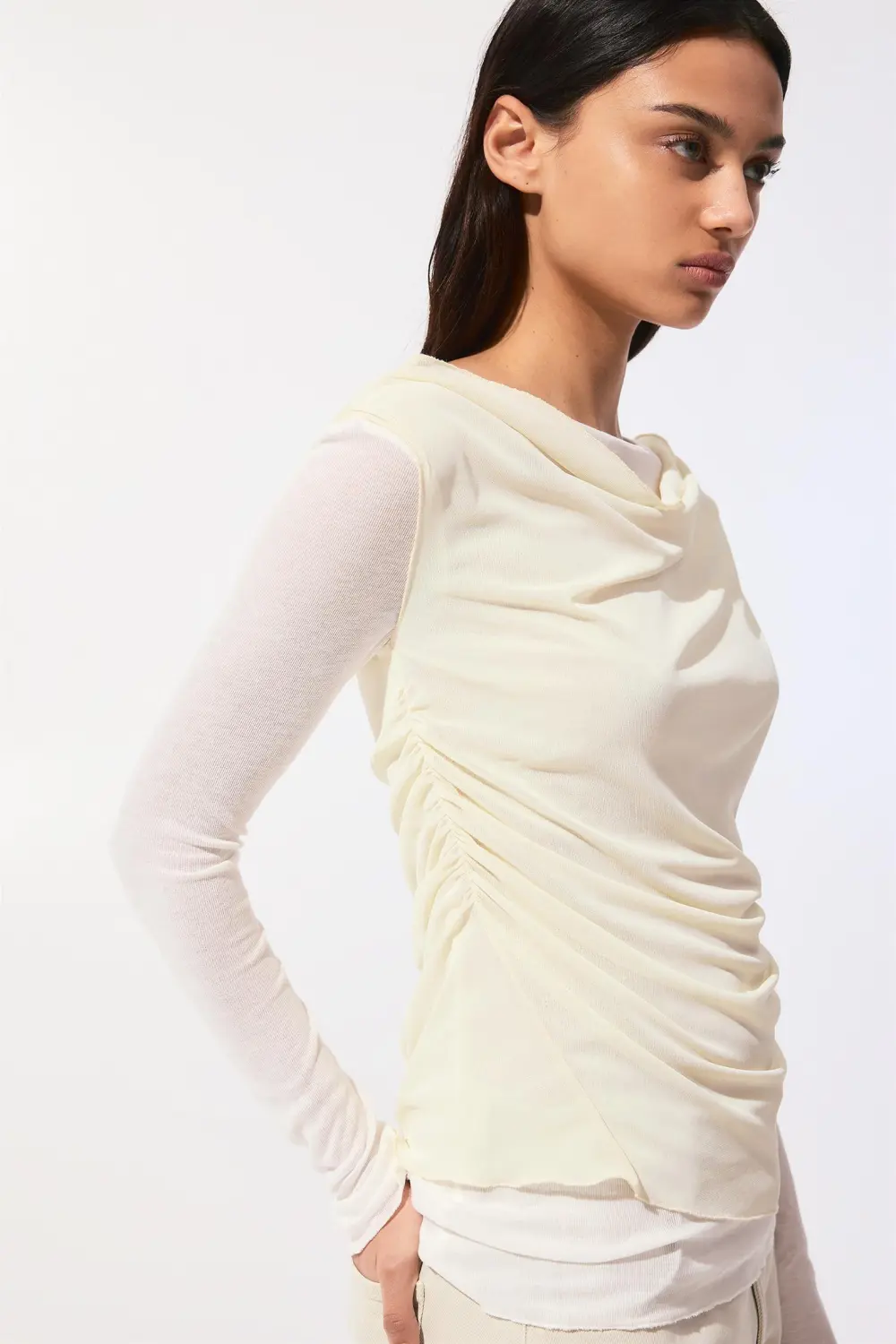 Semi-sheer asymmetric double-layer top