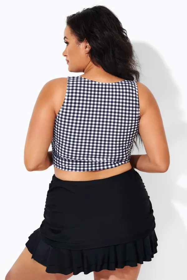 Black Grey Check Knotted Crop Bikini Top