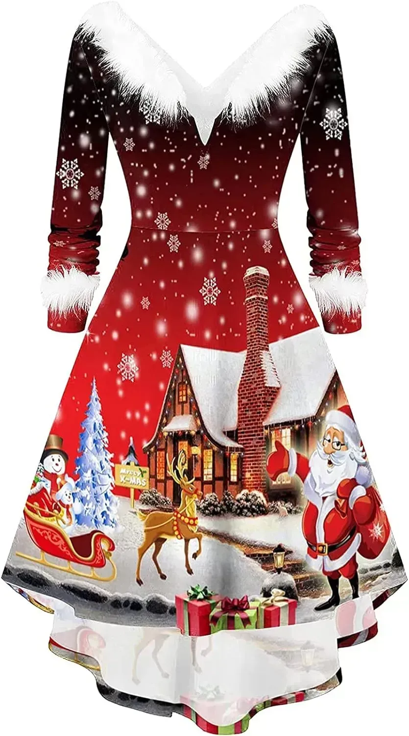 Womens Christmas Dress Fuzzy Mrs Claus Christmas Holiday Xmas Cocktail Holiday Party Flare Dress