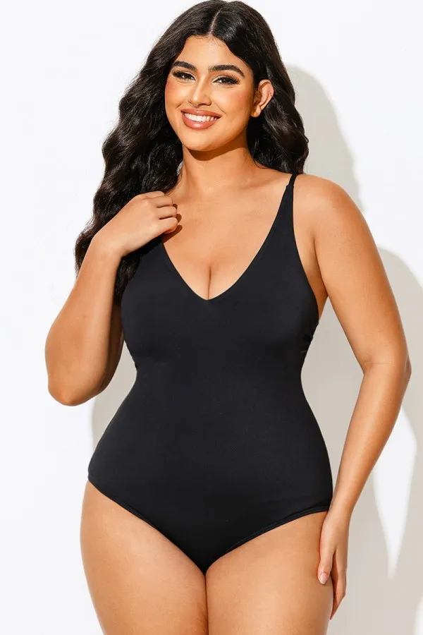 Black Strap Plungey Sculpting One Piece Swimsuit