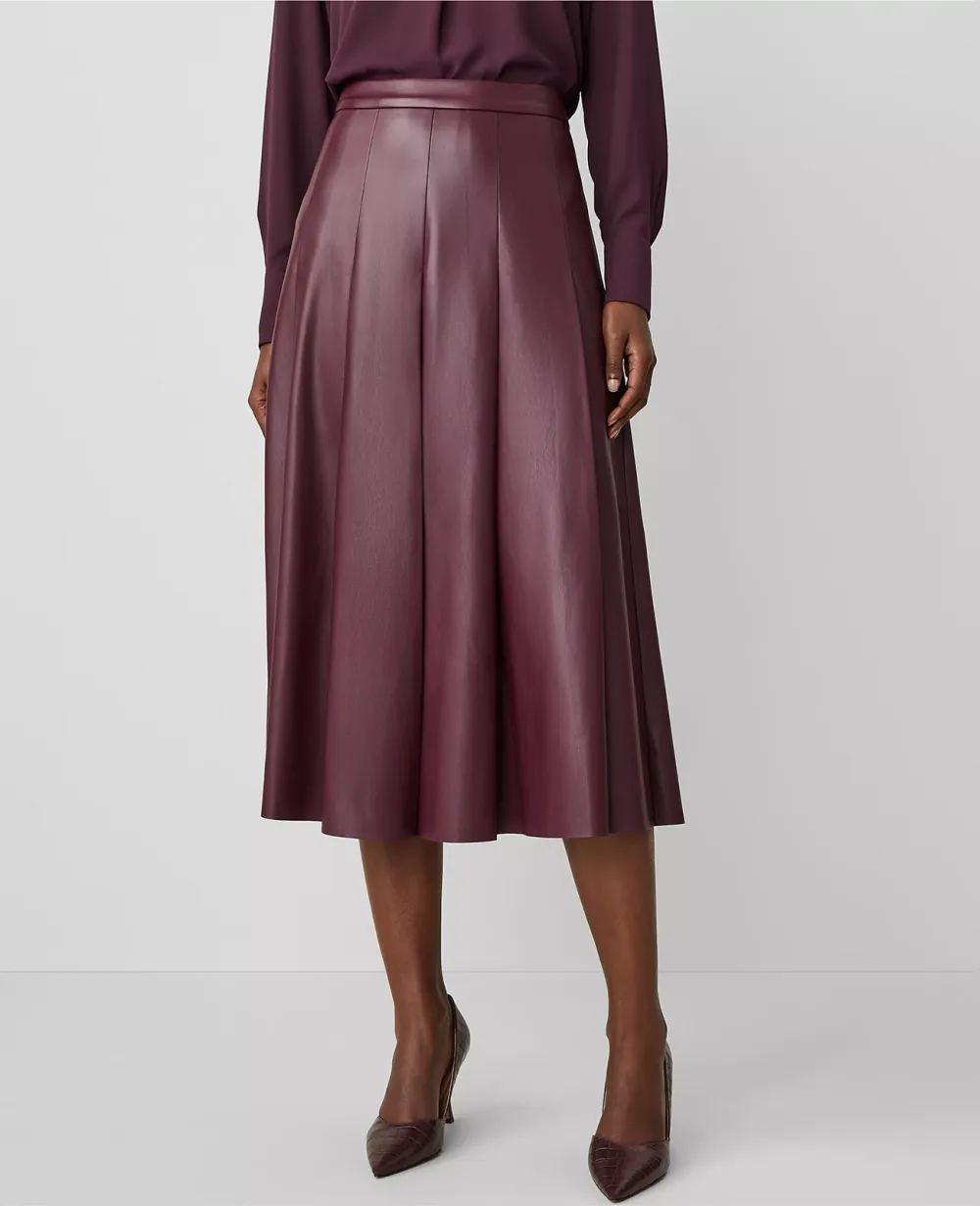 Petite Faux Leather Pleated Midi Skirt