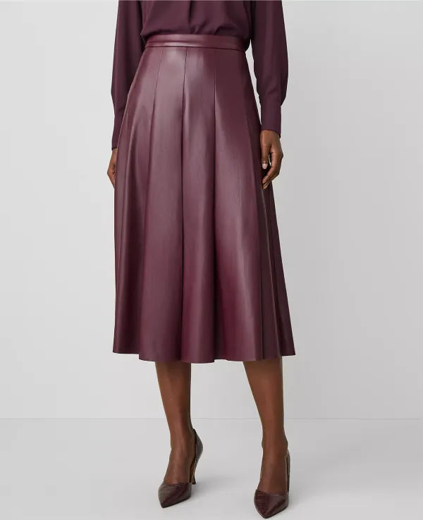Petite Faux Leather Pleated Midi Skirt