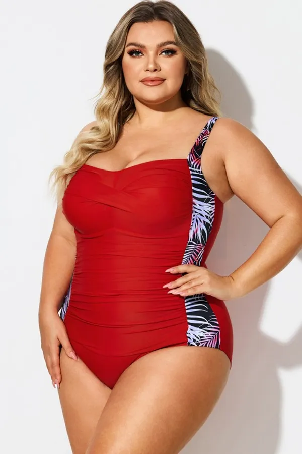 V-Neck Leaf Print Tummy Control One Piece Swimsuit