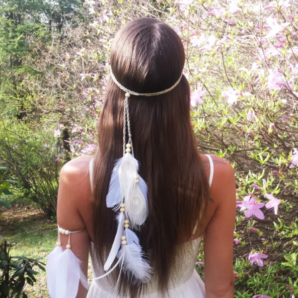 White Peacock Feather Holiday Bohemian Hair Band & Bracelet Set