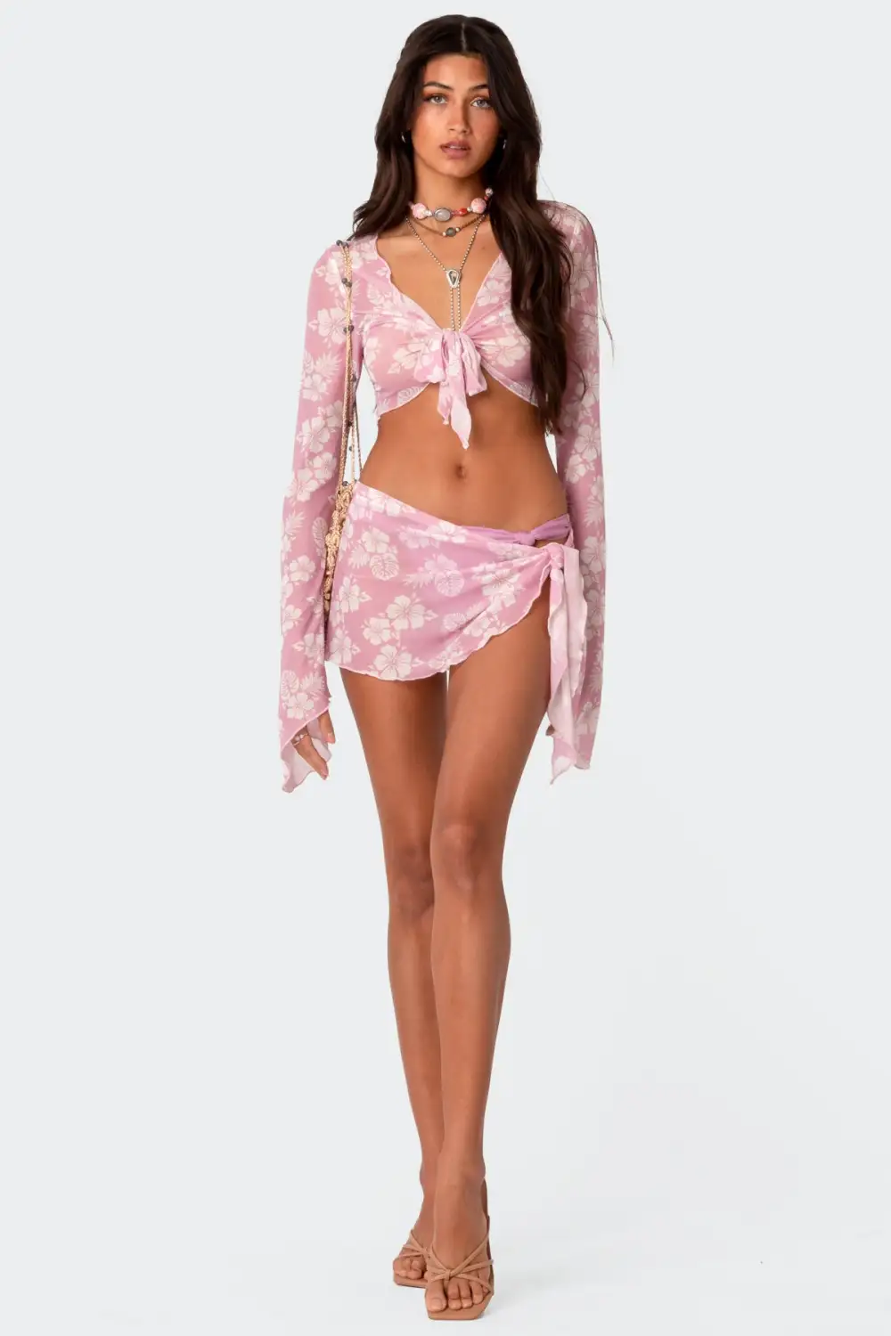 Hibiscus Tie Front Mesh Crop Top