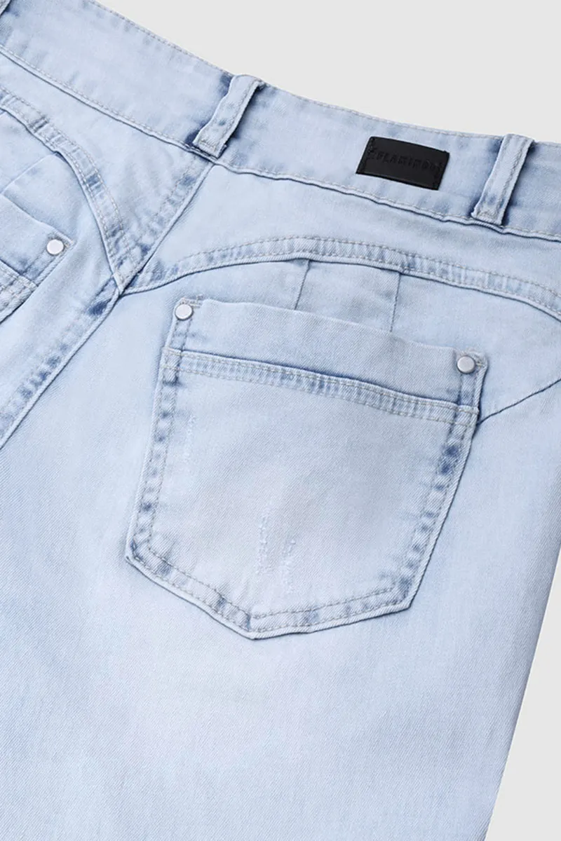 Double Button Ripped Roll Hem Mid Waist Capri Jeans