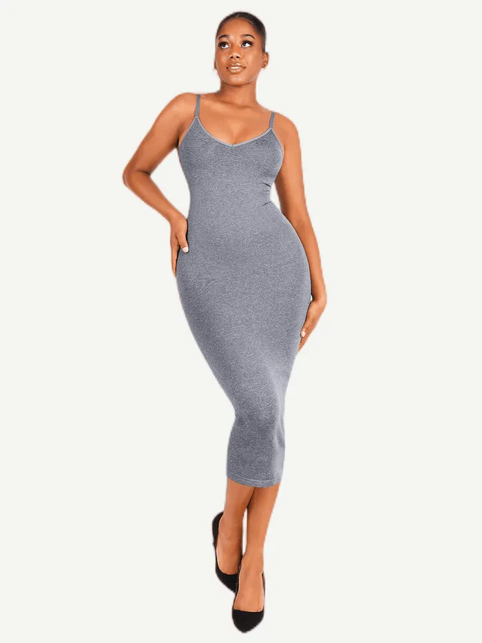 Seamless Spaghetti Strap V Neck Maxi Dress with Built-in Bodycon