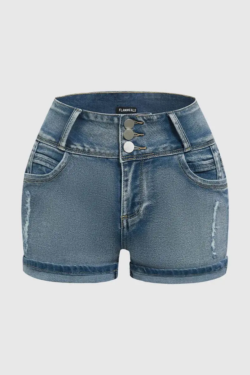 Ripped Roll Hem Button Up High Rise Denim Shorts