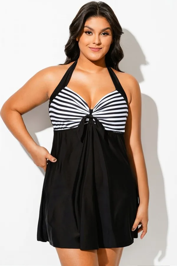 Black & White Stripe Halter Straps Women Swimdress