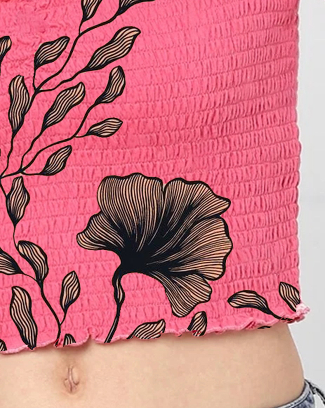 Pink Puff Sleeve Smocked Cropped Top