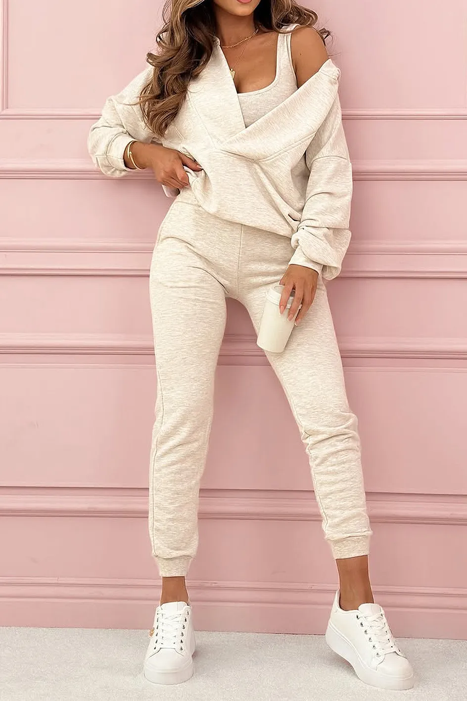 Women'S Solid Color Tube Top And Zipper Jacket And Pants Three-Piece Set