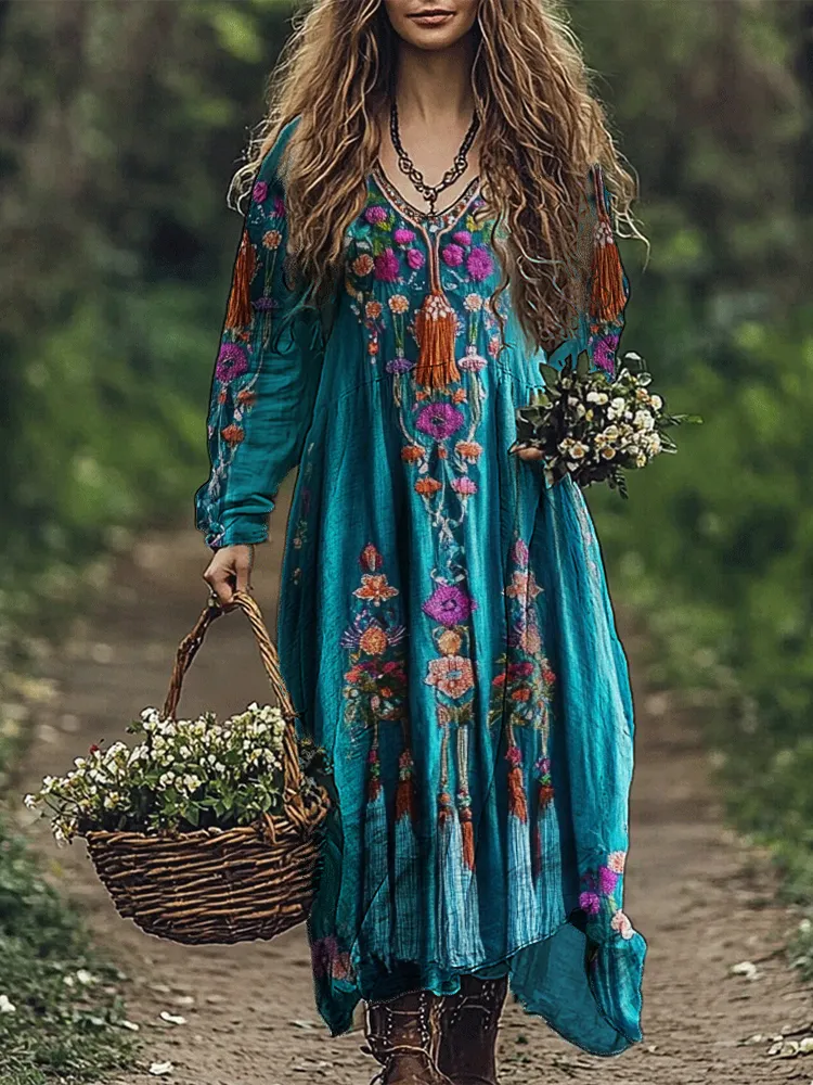 Boho Ethnic Floral Embroidered Tassels Linen Blend Maxi Dress