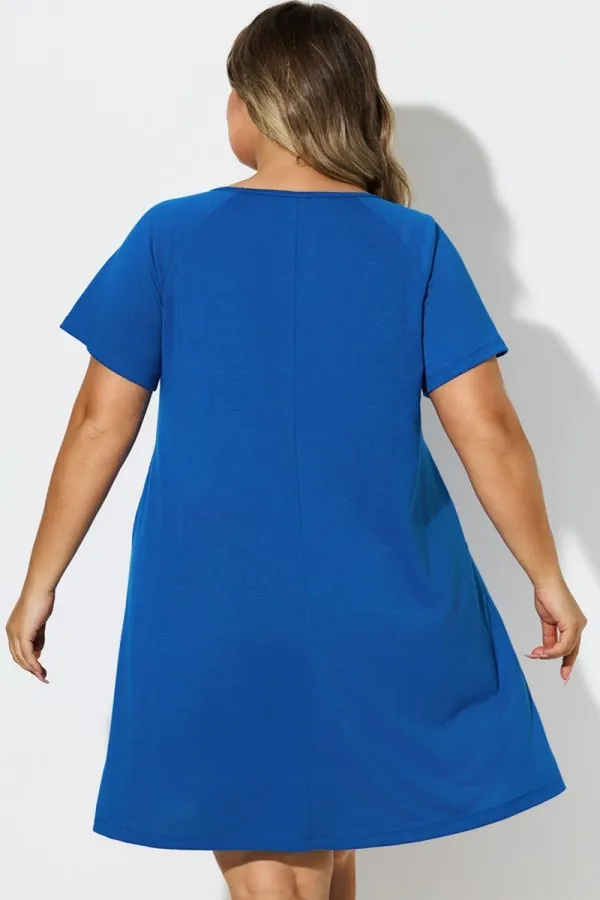 Blue Round Neck Box-Pleat Cover Up