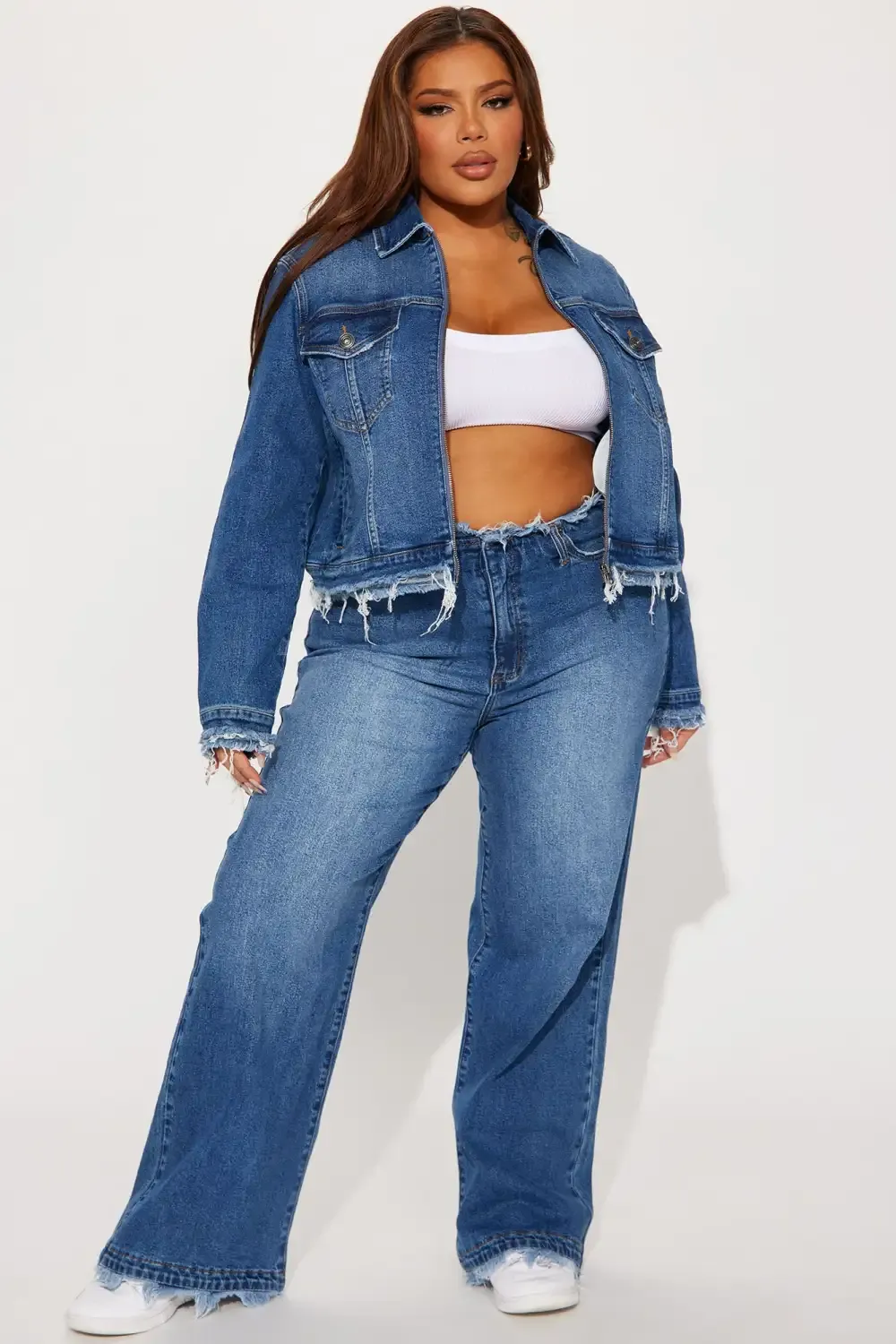 Come And Get It Cut Off Waistband Wide Leg Jean - Medium Wash