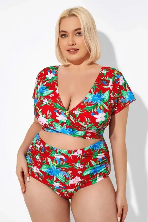 Flower Printed V-neck Bikini Top with Sleeves