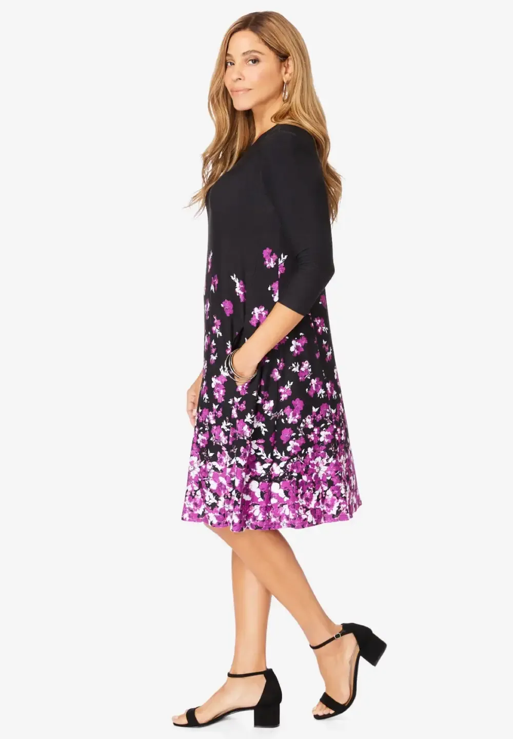Stretch Knit Three-Quarter Sleeve T-shirt Dress