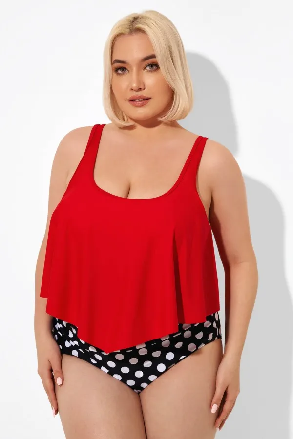 Striped Scoop Neck Ruched Flounce Blouson Tankini Top