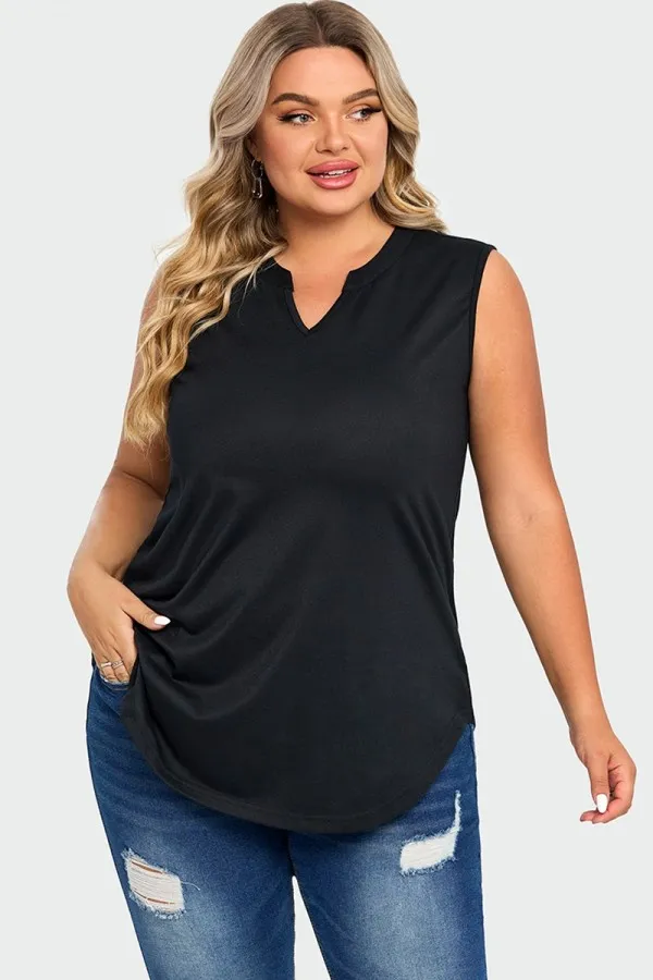 Solid Black Hem Sleeveless Notched V Neck Tank Top