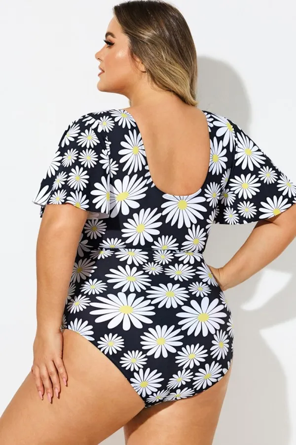 Daisy Print V-Neck Ruffle Sleeves One Piece Swimsuit