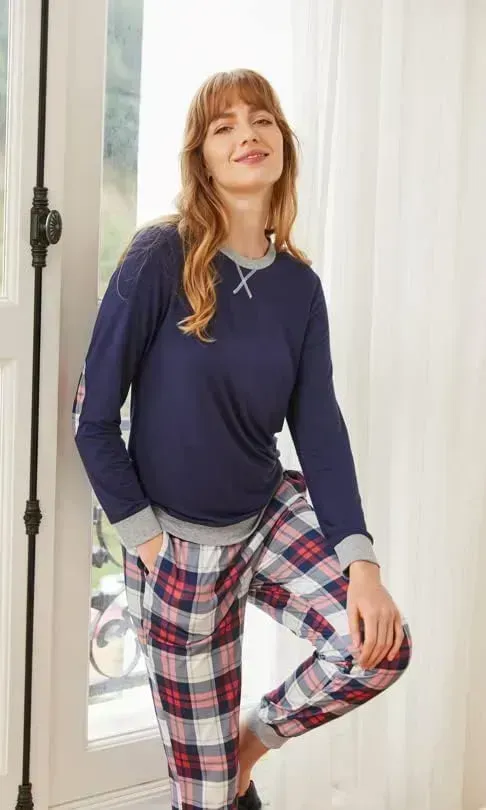 Women's Pajamas Sets Long Sleeve with Plaid Pants Soft Sleepwear O Neck 2 Piece Pjs Joggers Loung Set with Pockets