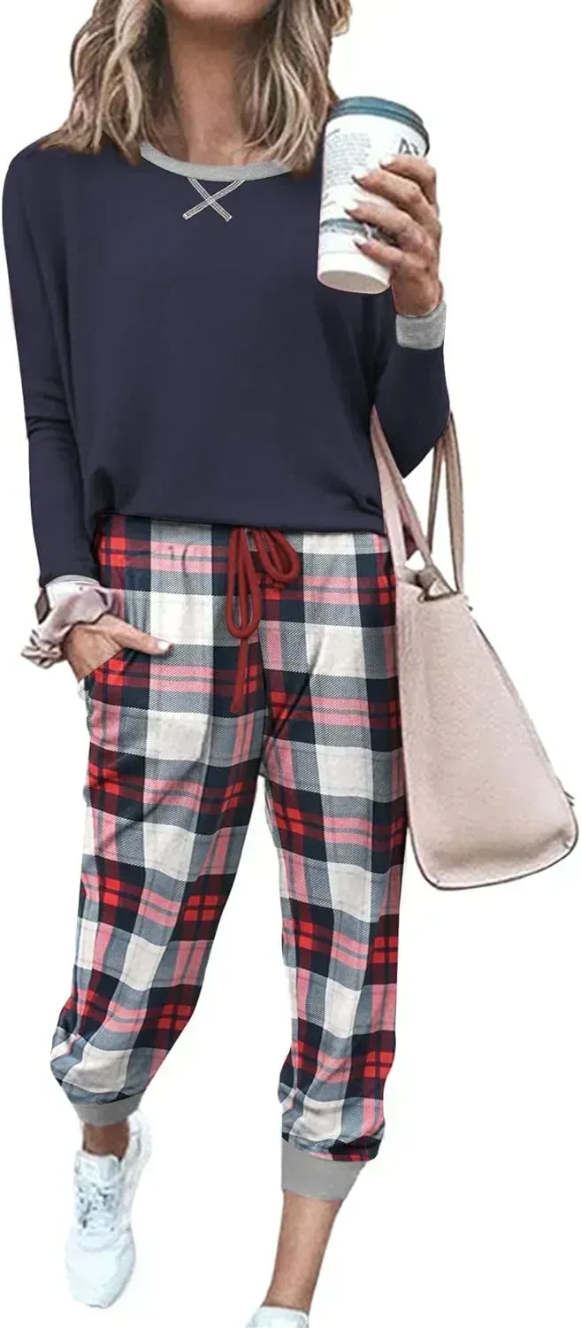 Women's Pajamas Sets Long Sleeve with Plaid Pants Soft Sleepwear O Neck 2 Piece Pjs Joggers Loung Set with Pockets