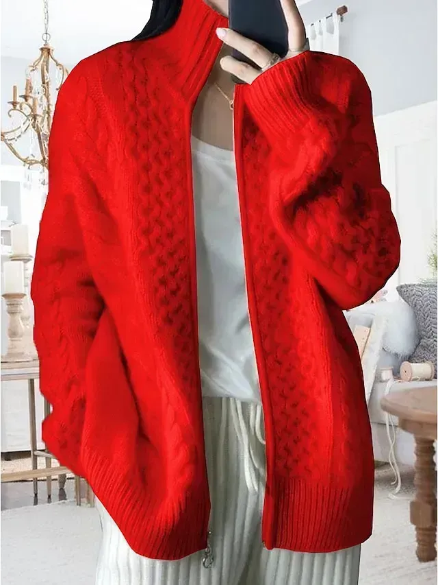 Women‘s Christmas Zip Sweater Stand Collar Cable Knit Polyester Zipper Knitted Fall Winter Regular Outdoor Xmas Holiday Going out Stylish Casual Soft Long Sleeve Pure Color Pink Red S M L