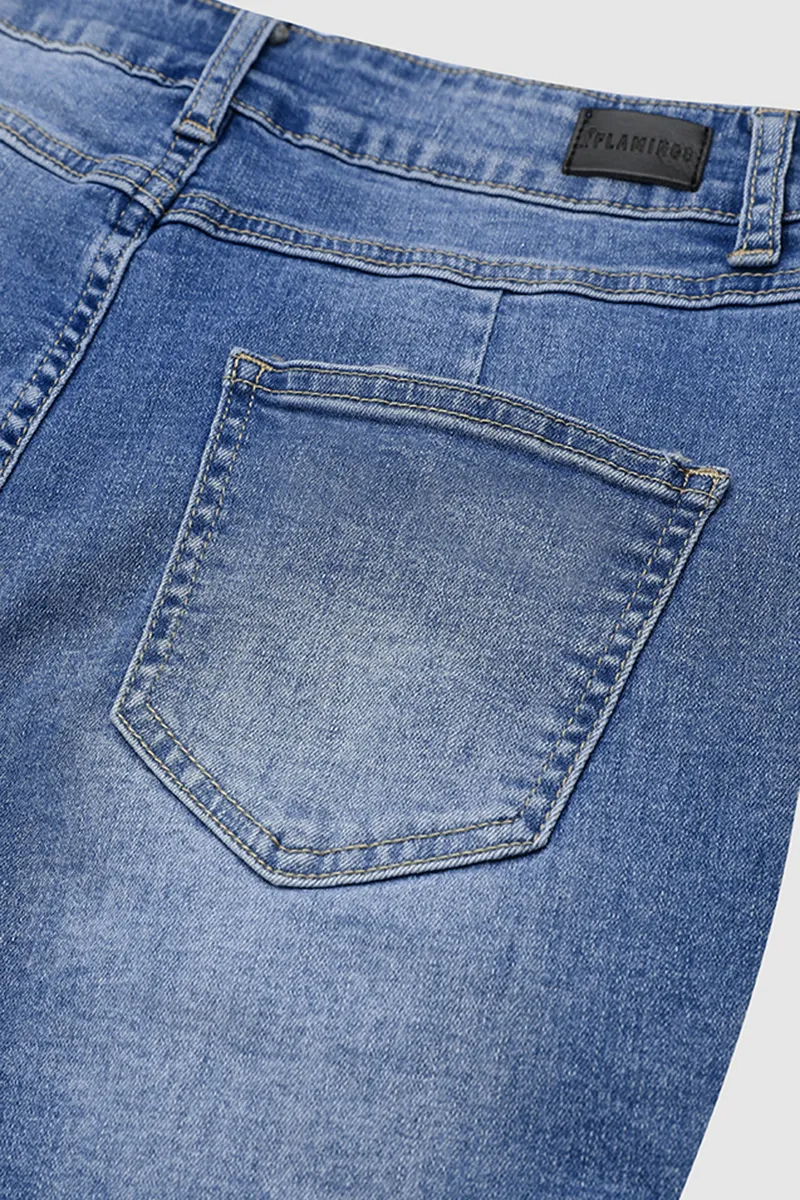 Ripped Raw Edge High Waist Denim Mid Thigh Shorts