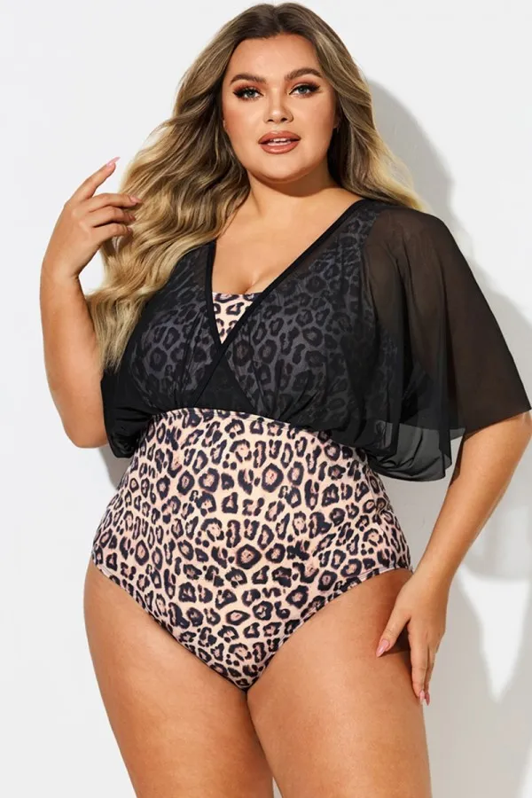 Solid Black Mesh Patchwork One Piece Swimsuit
