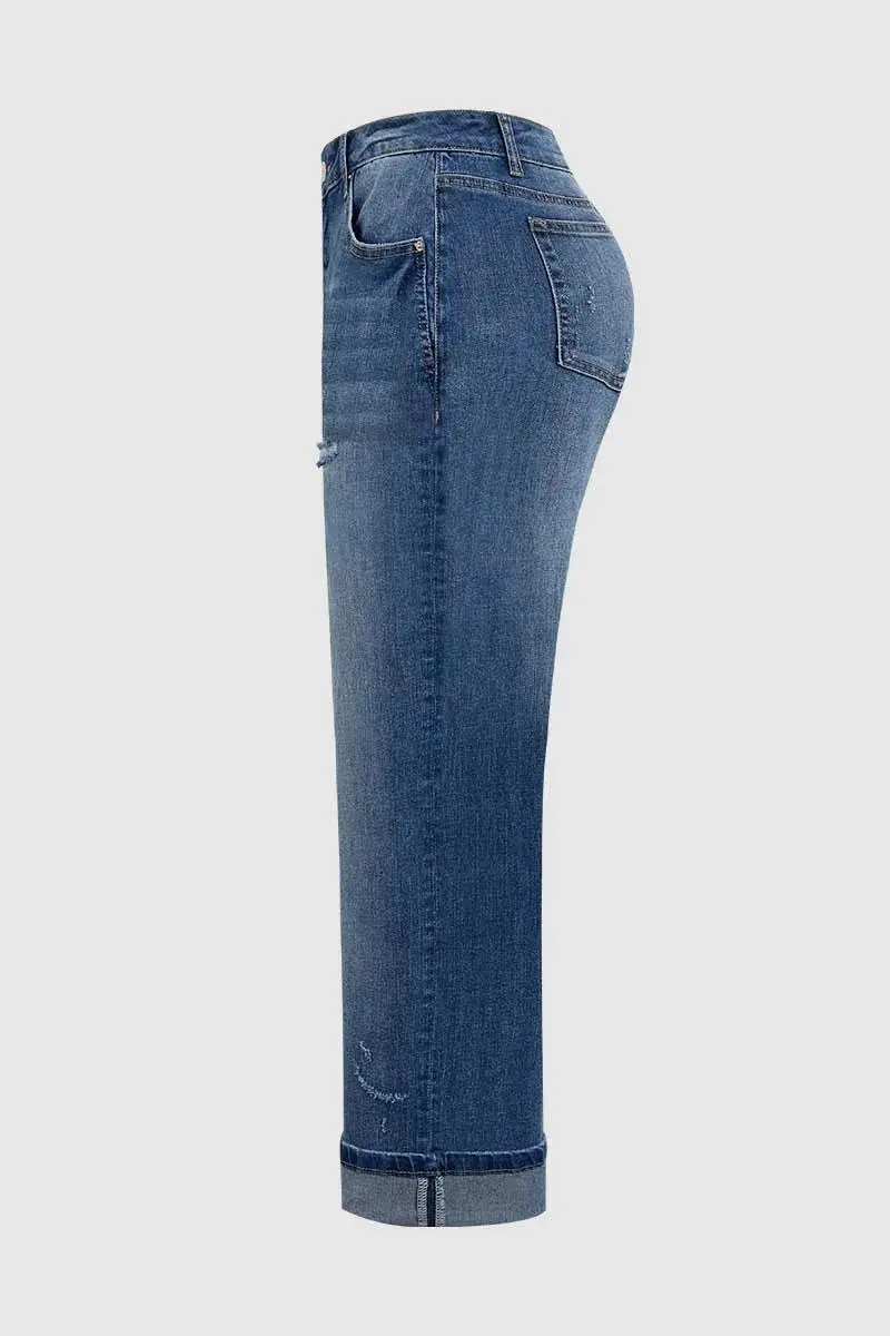 Wash Ripped Roll Hem High Rise Straight Leg Jeans Without Belt