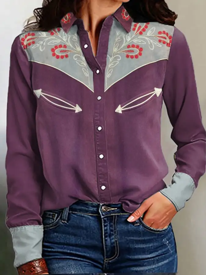 Women's Vintage Western Print Long Sleeve Shirt