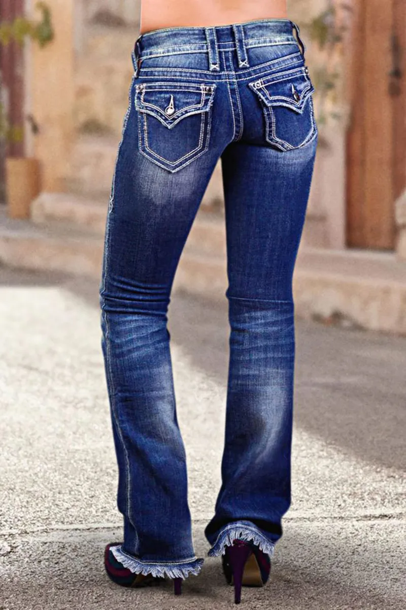 Raw Hem Double Button Mid Waist Straight Leg Jeans