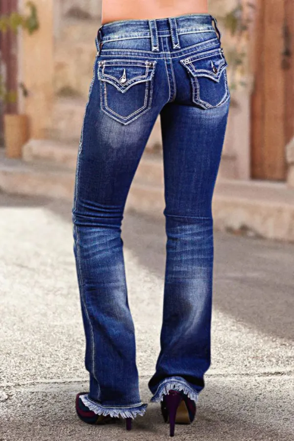Raw Hem Double Button Mid Waist Straight Leg Jeans
