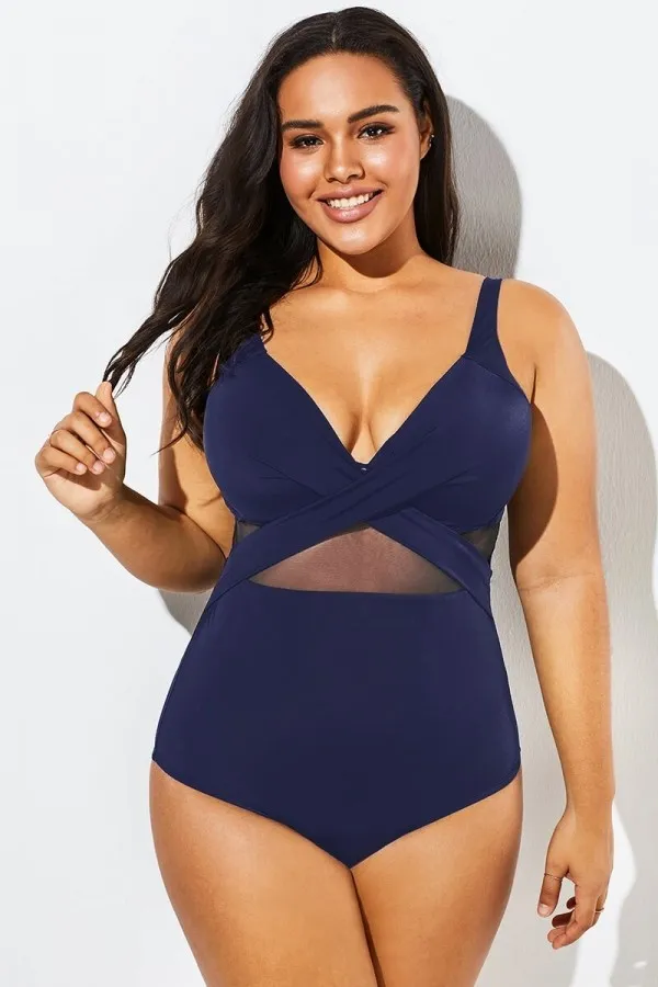 Blue Cut Out Mesh Underwire One Piece Swimsuit