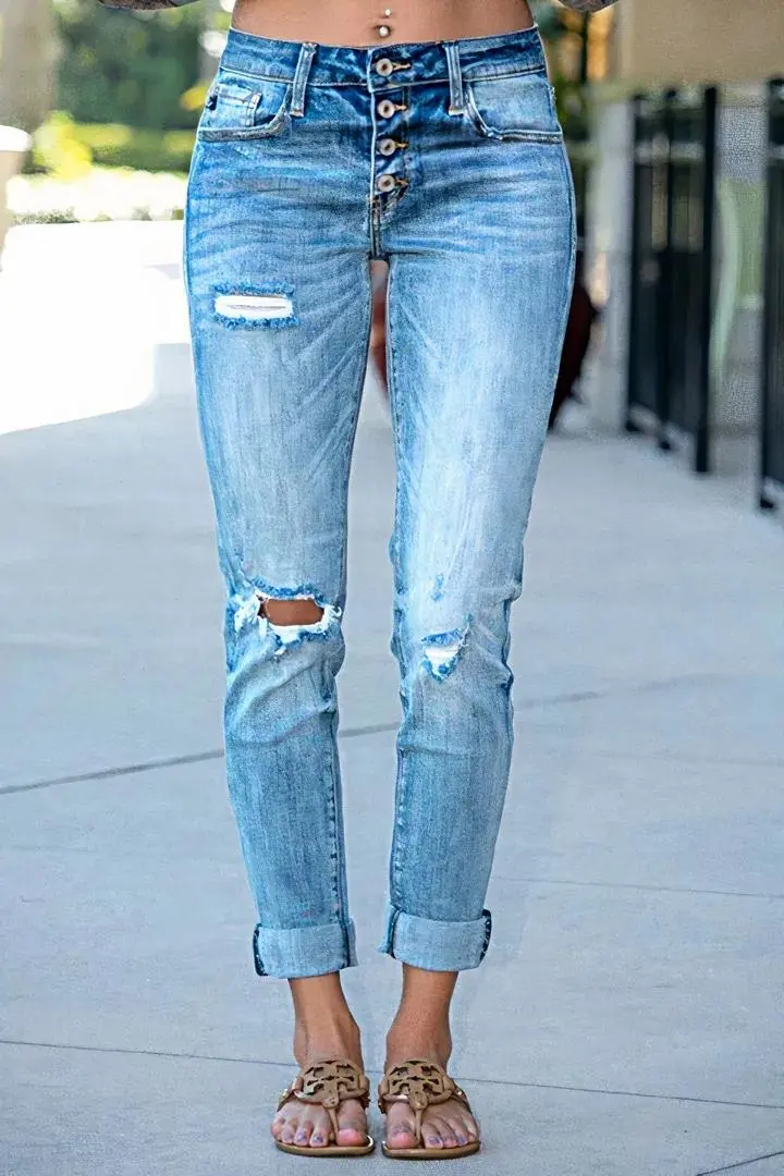 Wash Cut Out Button Fly Mid Waist Skinny Jeans