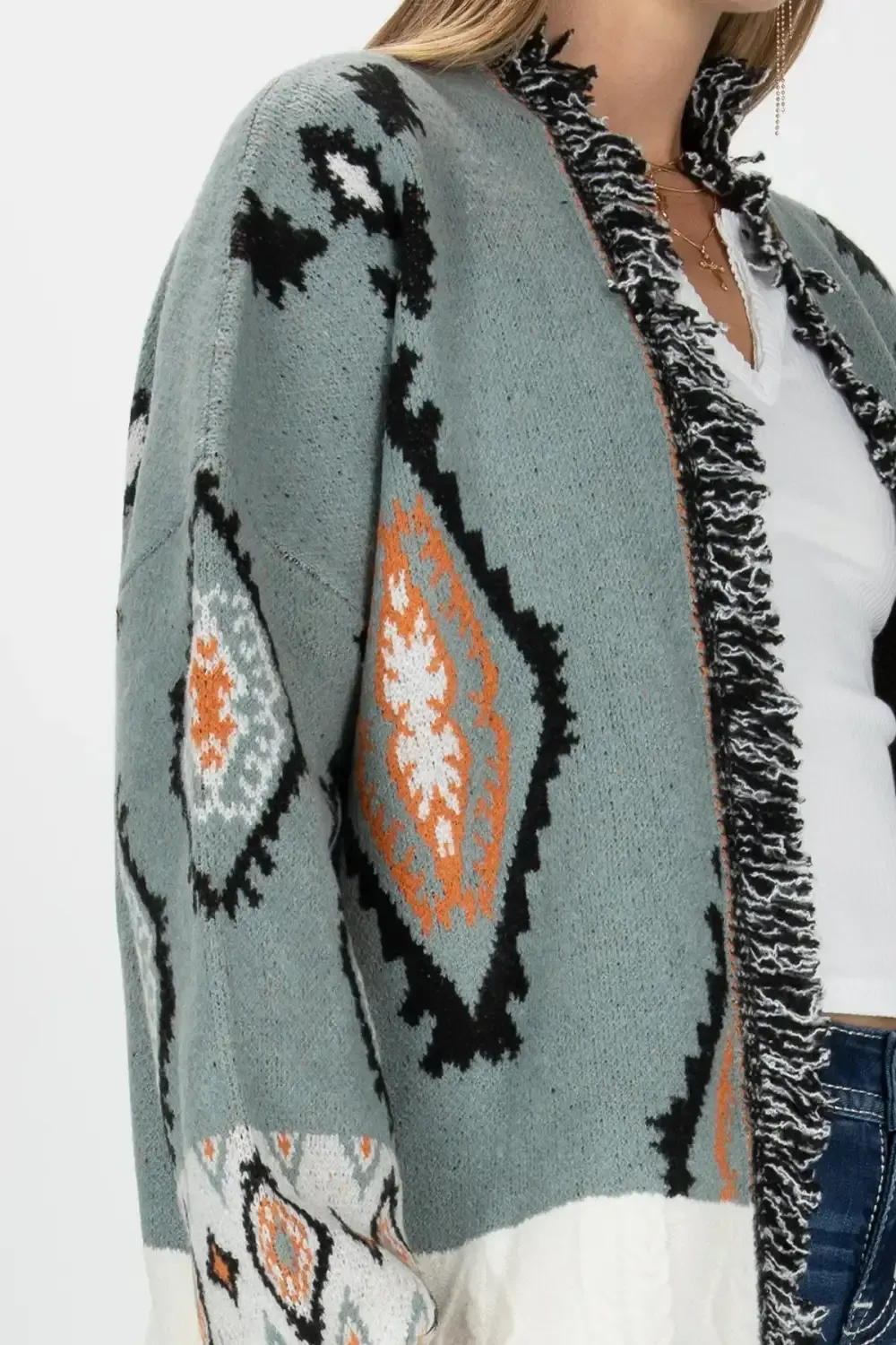 Sweater Block Open Front Aztec Cardigan